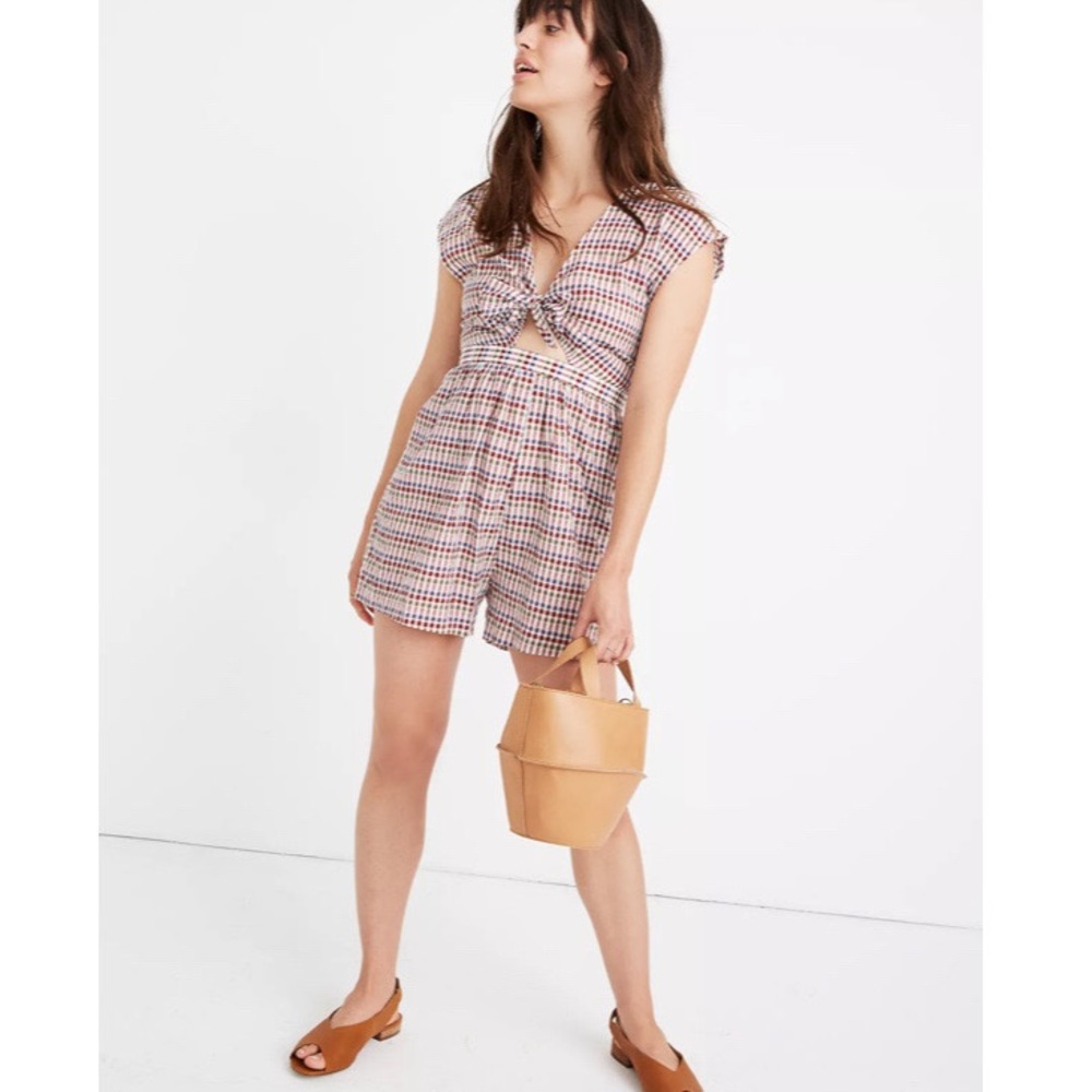 Madewell Gingham Tie Front Cutout Romper